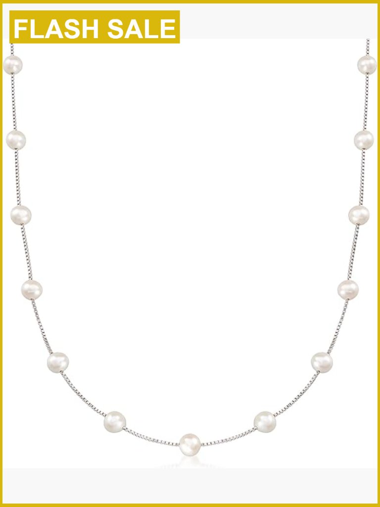 6.5mm Cultured Freshwater Pearl Station Necklace 16in Sterling Silver Box Chain